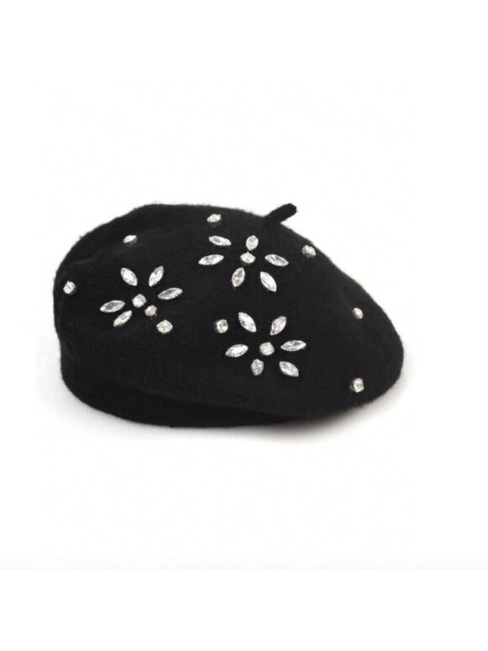 Wool Blend Rhinestone Flower Knitted Beret Cap Black